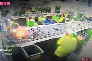 A lithium ion battery exploding at a recycling centre on BBC news report