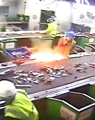 Frightening moment a lithium battery explodes while it's being sorted at a recycling centre
