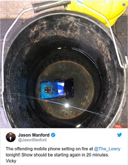Jason Manford tweeted this photo of the mobile phone which burst into flames during his show
